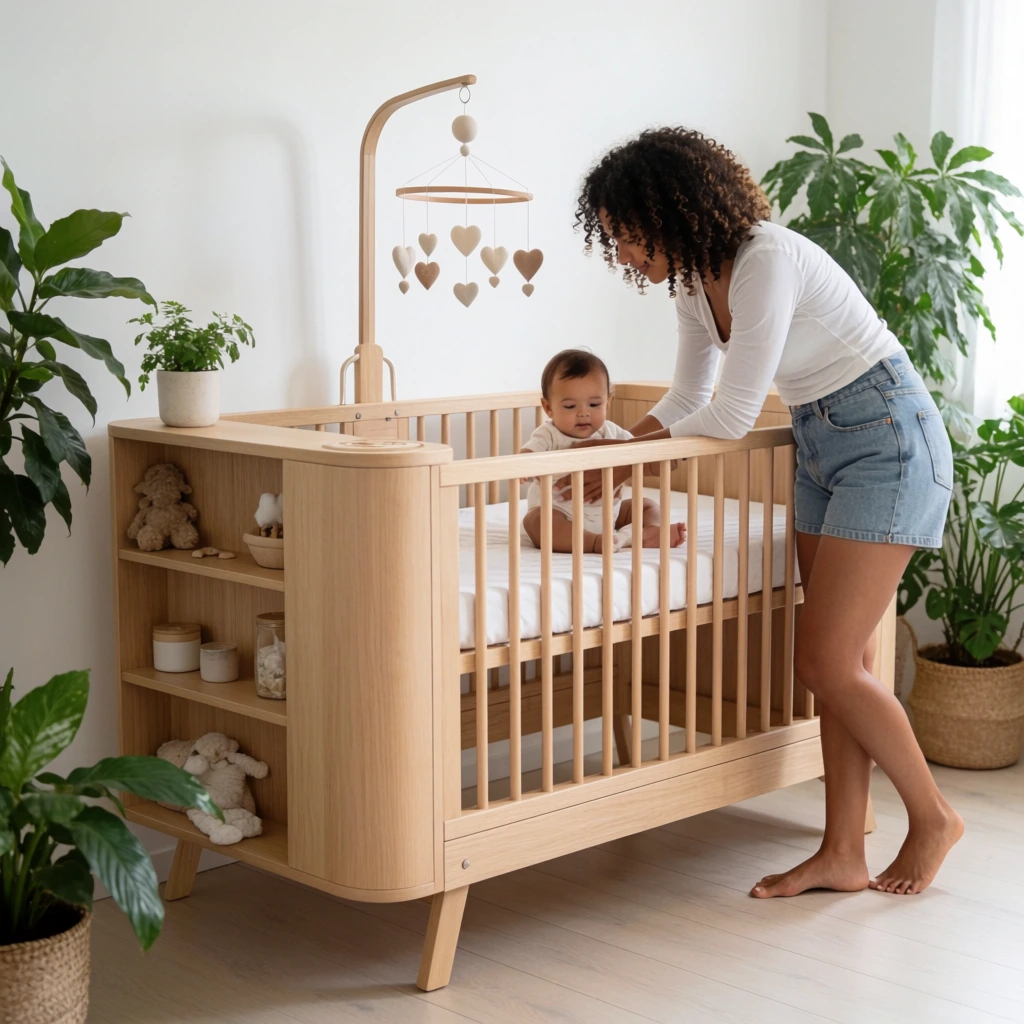 curly-haired woman tending to a baby in a modern light wood crib, barefoot woman wearing a white long-sleeve top and denim shorts, large multi-functional wooden nursery furniture with built-in shelves, heart-shaped hanging mobile, lush green potted plants, minimalist bright room with white walls and light wood flooring, high-key natural lighting, lifestyle photography