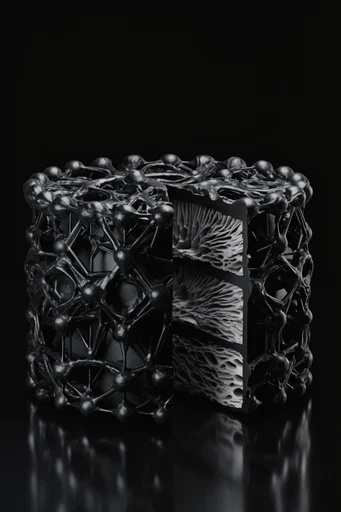 Monochromatic Industrial Biomechanism style reference image — obsidian and chrome