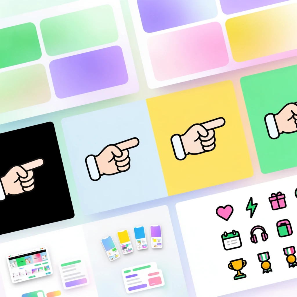 A dynamic, slightly angled arrangement of digital presentation slides overlapping against a pale background. The modern layout features soft pastel gradients of green, purple, yellow, and pink contrasting with crisp white surfaces and bold black outlines. Upper panels contain softly shaded, rounded rectangular cards. Central slides display a repeating stylized graphic of a pointing hand with thick outlines, positioned across distinct color swatches of black, pale blue, yellow, and green. Lower slides showcase digital product mockups including miniature web interfaces, brightly colored smartphone screens, floating interface components, and a structured grid of thick-outlined icons featuring a pink heart, green lightning bolt, calendar, gift box, headphones, trophy, and medal. The composition employs a clean, flat design style with subtle drop shadows to create layered, three-dimensional depth.