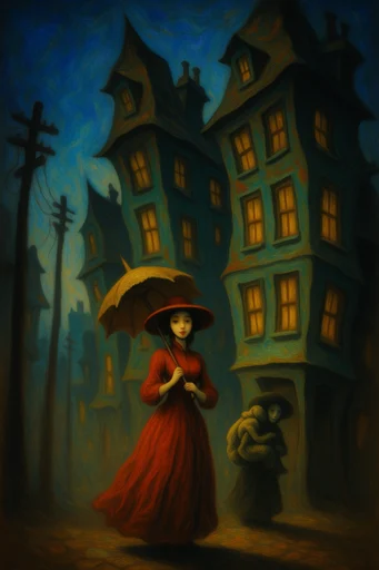 Nocturnal Storybook Surrealism style reference image — whimsical gothic illustration