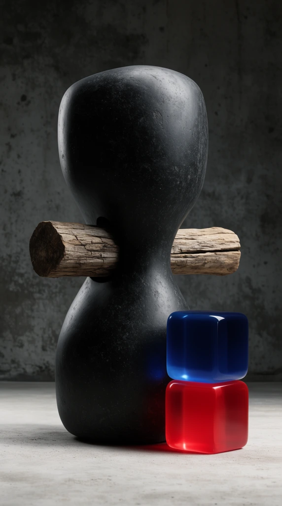 A matte black, hourglass-shaped stone form pierced horizontally through its waist by a rough wooden log. Two smooth translucent cubes, deep blue stacked atop bright red, sit beside it. The minimalist arrangement rests on a light concrete floor against a dark, mottled concrete wall under soft directional studio lighting.