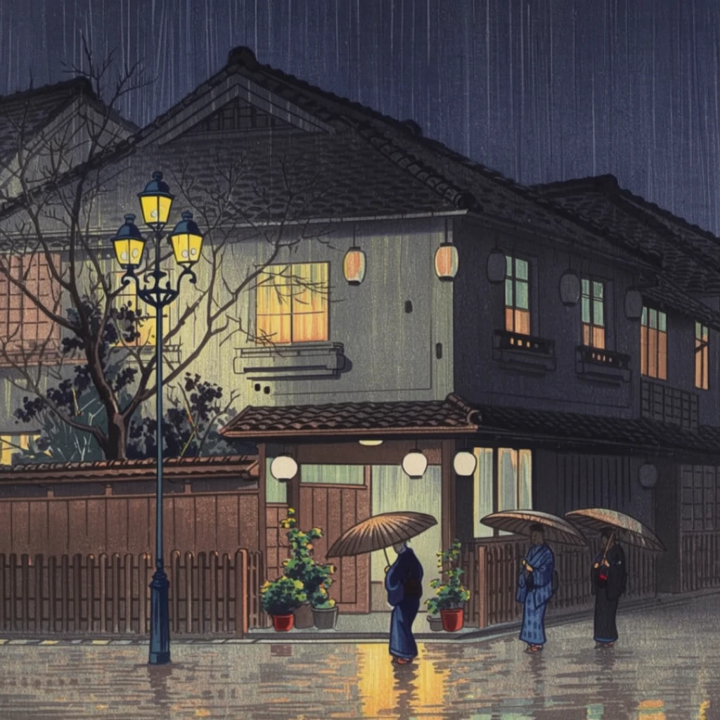 Japanese woodblock print of a rainy street corner at night, multi-story building with dark tiled roofs and flat facades, warm glowing windows, hanging paper lanterns, tall ornate streetlamp with three yellow globes on the left, bare tree branches, three figures in traditional attire holding umbrellas, wet paved street reflecting warm yellow light, wooden fence, potted plants by the entrance, heavy vertical rain streaks, moody atmospheric lighting, dark blue and grey nighttime palette, shin-hanga art style, flat colors with subtle gradients, cinematic composition