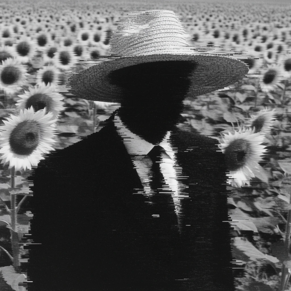 A stark black and white, heavily glitched scene of a man in a suit and tie standing in a field of sunflowers, his face hidden by a large straw hat. The central figure appears as a deep, high-contrast dark silhouette, with his formal attire and the broad-brimmed hat violently disrupted by severe horizontal stretching and jagged pixel displacement. The surrounding sunflowers form a degraded grayscale background, their distinct shapes smeared into erratic, horizontal bands of varying white and gray tones. Severe analog video distortion, heavy CRT scanline interference, and gritty visual noise dominate the aesthetic. Harsh horizontal streaking and sharp, jagged digital artifacts drag the dense black tones of the man's silhouette sideways, merging his fragmented edges into the static-filled, high-contrast monochromatic environment.