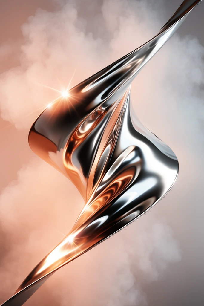 Abstract twisting 3D metallic ribbon, highly reflective chrome with sharp tapering points, warm copper reflections, bright starburst flare, floating against soft volumetric smoke, peach to grey gradient background