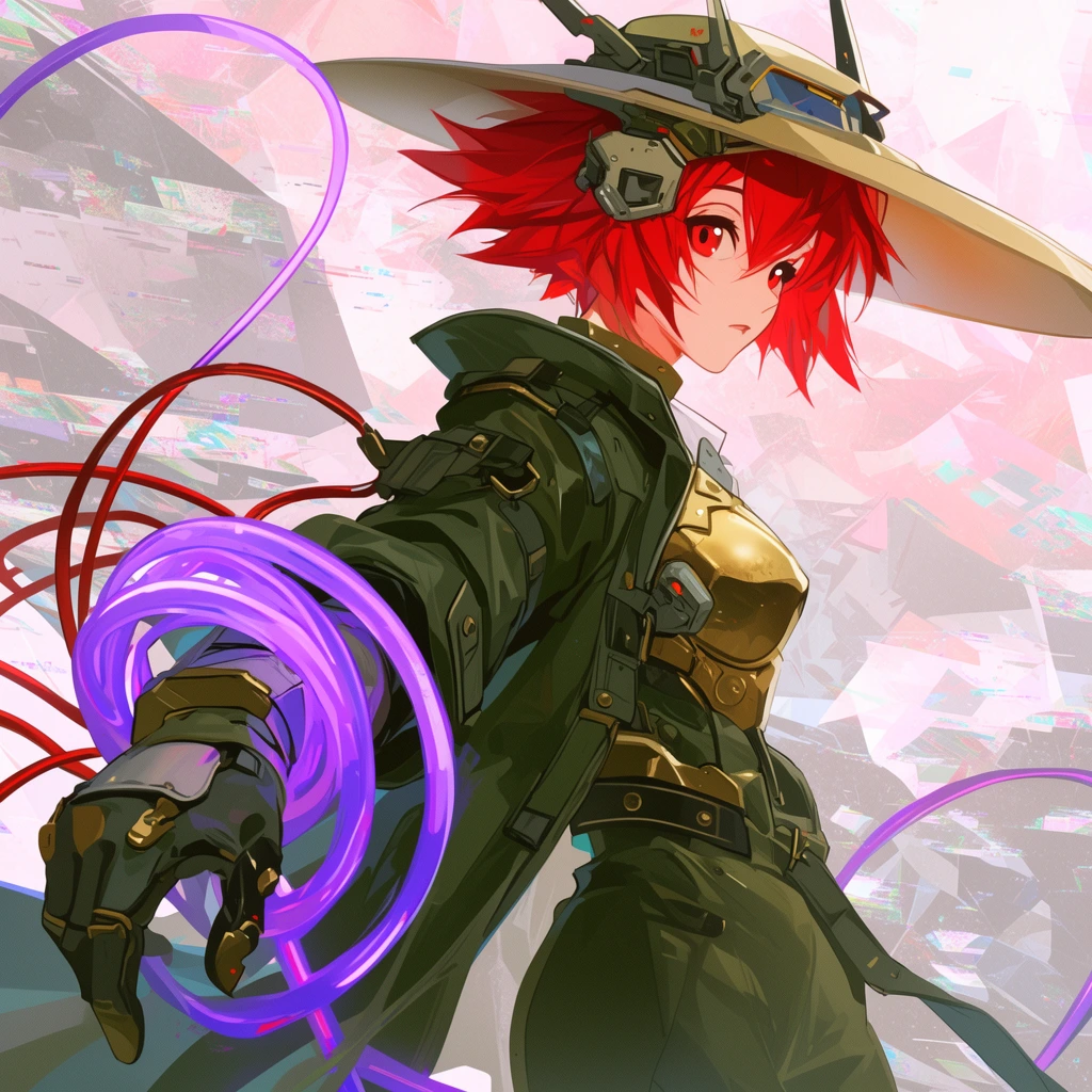 dynamic floating anime girl with short spiky crimson-red hair, wide-brimmed cybernetic sun hat, dark olive-green tactical trench coat over brass armor, looking back over shoulder, extreme foreshortening on a glowing violet energy-whip coiled around her arm, trailing red cables, abstract geometric background with fractured pastel pink and grey crystalline shards, digital glitch textures, cel-shaded illustration, soft gradients, bright lighting