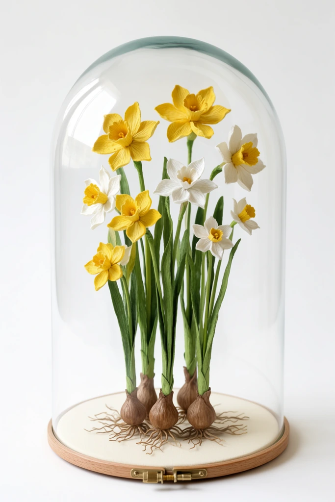 A pristine glass cloche encases a delicate botanical sculpture of blooming daffodils and narcissus flowers against a seamless white background. The crafted flora features vibrant yellow and crisp white textured petals on tall, vibrant green stems. At the base, brown teardrop-shaped bulbs with intricate, wiry root systems rest directly on a cream-colored surface framed by a round wooden embroidery hoop with a small brass clasp. High-key studio lighting accentuates the curved reflections on the clear glass dome and the tactile, lifelike details of the faux botanical specimen.