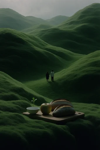 Surreal Verdant Minimalism style reference image — undulating green hills