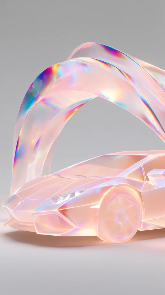 A faceted sports car positioned beneath a sweeping arch, entirely rendered in a translucent, opalescent 3D medium. The sharp, angular geometric planes of the vehicle and the flowing, ribbon-like curves of the encompassing archway are constructed from a frosted, glass-like substance exhibiting intense subsurface scattering. This diaphanous material radiates a soft peach and pastel pink internal glow, sharply punctuated by vibrant, holographic refractions of saturated magenta, cyan, violet, and gold along the structural edges, ridges, and facets. The objects possess a liquid, pearlescent sheen with bright internal luminescence and delicate caustics. The scene is set against a smooth, uniform light grey studio background with a subtle, diffused gradient. Pristine, soft ambient lighting emphasizes the precise geometric forms and the vivid chromatic dispersion bending through the translucent, glowing surfaces.