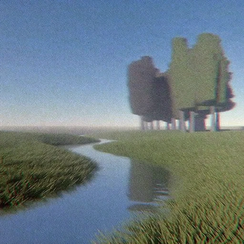 low-fidelity early 2000s cgi, liminal space aesthetic, dreamcore, heavy digital noise and film grain, desaturated muted color palette, flat overhead lighting, hazy horizon line, blurred details, a winding stream with opaque water texture, uniform grassy banks with low-poly blade textures, a cluster of tall simplified trees with static foliage, nostalgic uncanny atmosphere, compressed jpeg artifacts, slight chromatic aberration, expansive empty sky