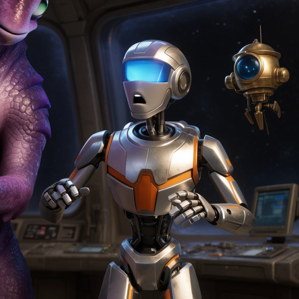 Sleek silver humanoid robot space explorer, glowing blue visor, metallic chest plate with orange accents, standing with arms slightly raised in a cautious gesture, expressing surprise, partially visible large purple scaled alien creature on the left, hovering brass drone on the right, dimly lit spaceship bridge environment, large observation window with starry background, metallic control panels, 3D computer animation style, cinematic side lighting, shallow depth of field, vibrant contrasting colors, highly detailed 3D rendering