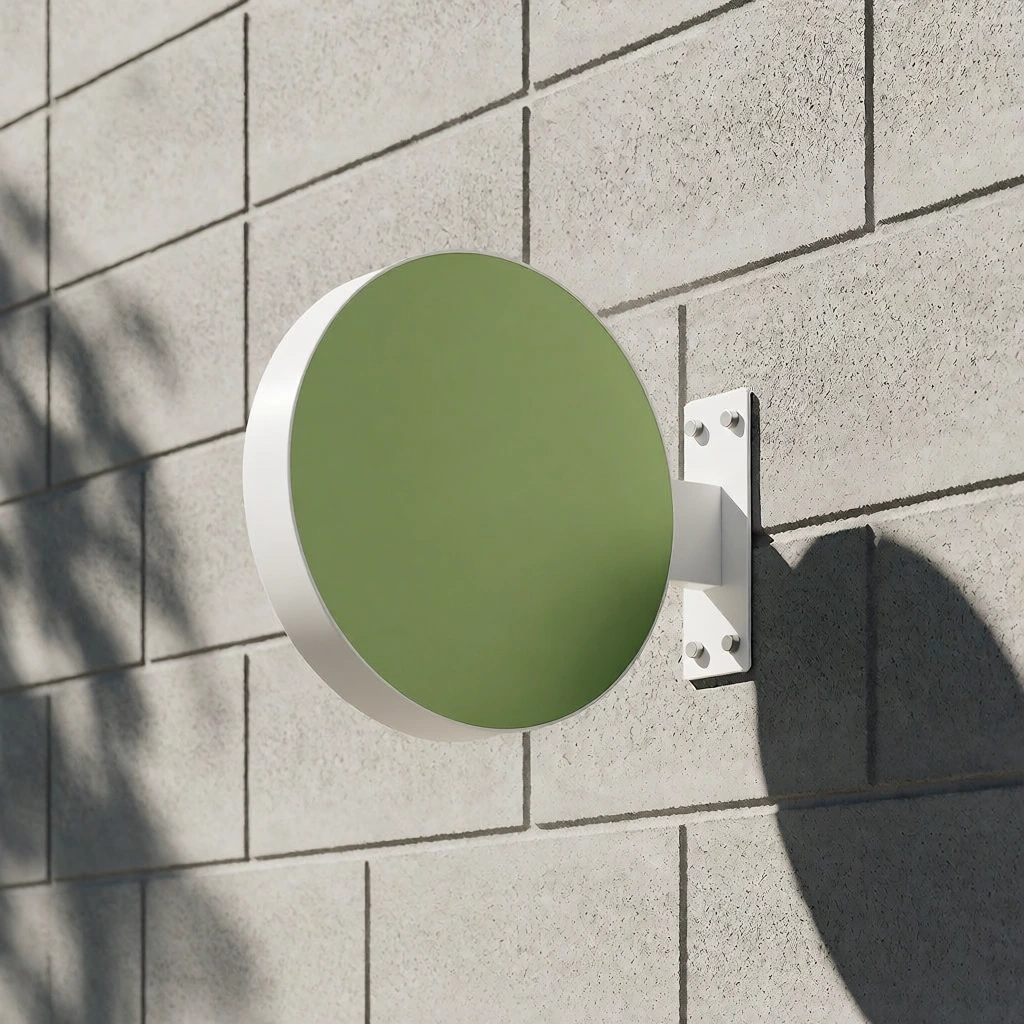 A round projecting blade sign with a smooth, solid matcha-green face and crisp white casing, mounted perpendicular to a light gray concrete block wall. The minimalist sign attaches via a white rectangular metal bracket secured with silver bolts. The wall features a distinct grid pattern of textured rectangular blocks with recessed mortar joints. Strong directional sunlight from the upper left casts a sharply defined shadow of the circular sign and bracket onto the masonry to the right. On the far left edge, soft dappled shadows from unseen tree foliage add organic contrast to the rigid architectural geometry of the concrete and the pristine circular sign.