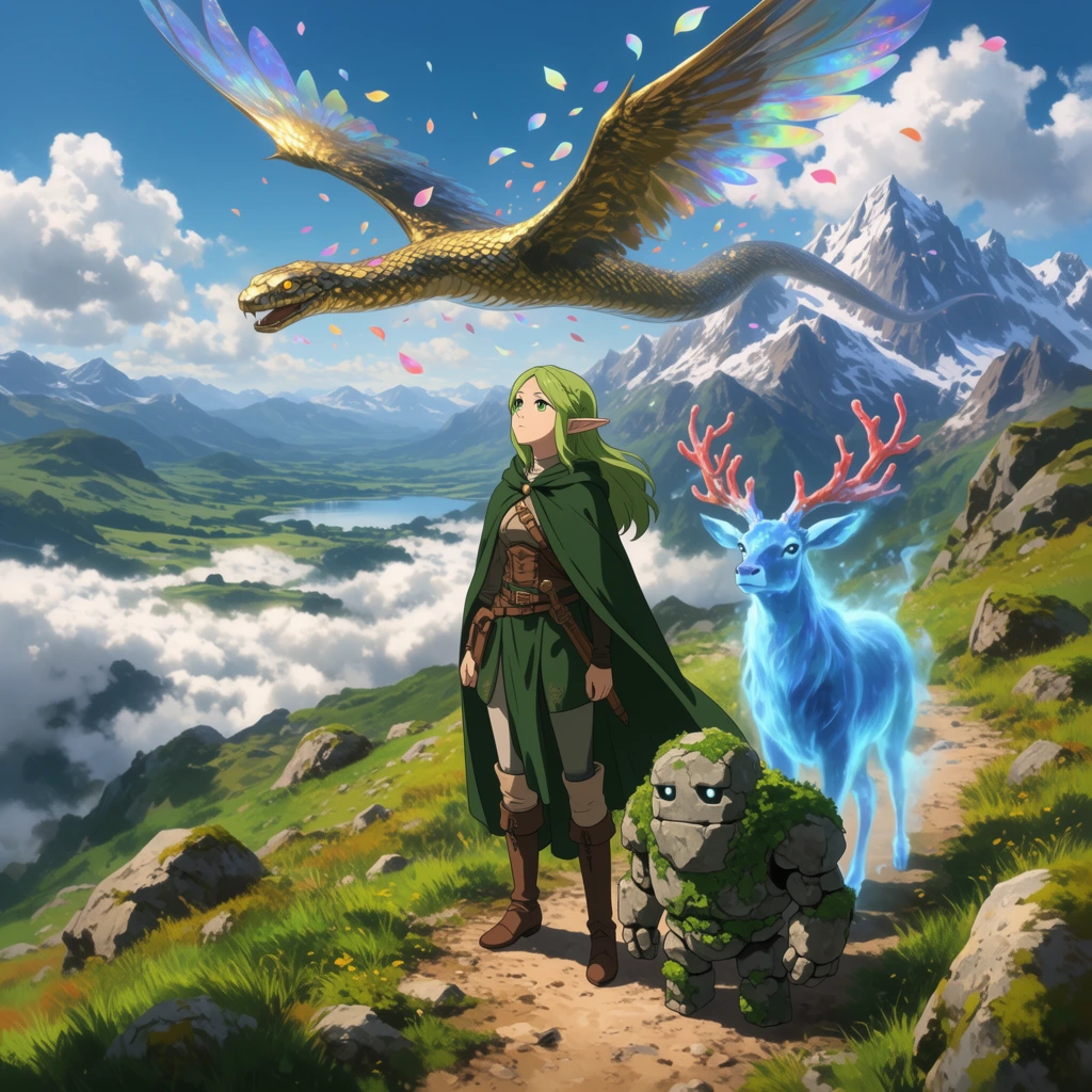 A young elven ranger in a deep green cloak stands on a high mountain trail, accompanied by fantastical creatures in a sweeping alpine landscape. The ranger gazes upward, wearing leather armor and tall boots. Above her, a giant winged serpent with gold scales glides through the sky, shedding iridescent petals. Beside her stands a spectral blue stag with coral-like antlers, while a stout stone golem draped in moss waddles at her feet. The high-altitude dirt path is surrounded by vibrant grassy slopes and scattered boulders. Below the ridge, a vast valley is blanketed in thick white clouds, leading to distant rolling hills and a pristine lake. Majestic snow-capped mountain peaks rise sharply in the background against a bright blue sky filled with cumulus clouds. Rendered in a cinematic anime illustration style, the wide-angle perspective emphasizes the epic scale and vivid color palette of the sunlit environment.