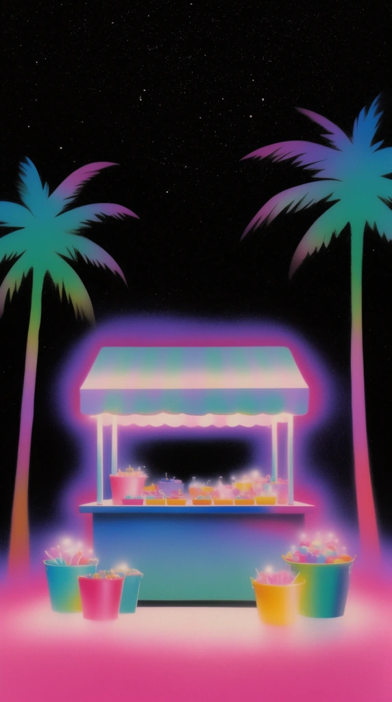 A glowing retro stall rests under a starry black sky, flanked by gradient palm trees. A vibrant purple-to-pink aura frames the stand. Colorful buckets of luminescent treats sit on the illuminated ground. The airbrushed synthwave aesthetic highlights neon pinks and teals against the dark void.
