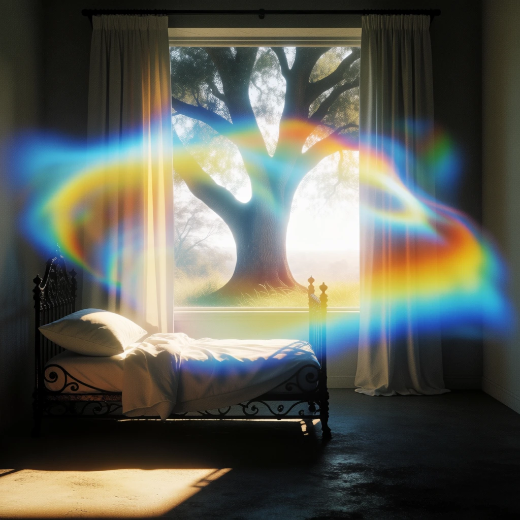 A spectral light effect with rainbow colors overlays a scene of a small bed in a dark room facing a large window with a tree outside. A dark, ornate wrought iron bed with white linens and a large pillow is positioned in the lower center-left of the room. Directly behind the bed, a large rectangular window reveals a massive tree with a dark trunk and spreading branches silhouetted against a bright, overexposed outdoor light. Heavy, pale-colored curtains frame the window on both sides, reaching from the ceiling to the floor. Overlaid across the central portion of the image is a vibrant, prismatic glow consisting of ethereal swirls of blue, yellow, and orange light that partially obscure the view of the tree and the window. The floor in the foreground is dark and textured, except for a sharp, rectangular patch of warm sunlight falling onto the ground in the bottom left corner. The overall composition is symmetrical, with the window as the focal point. The lighting is dominated by a strong backlight from the window, creating a high-contrast environment where the interior details are cast in deep shadow while the exterior is brilliantly lit. The image has a grainy, soft-focus texture, contributing to a dreamlike and surreal aesthetic.