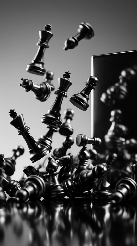 Black chess pieces scattering in mid-air, falling kings and pawns, dynamic freeze-frame motion, dark glossy reflective surface, large mirrored block on the right, high contrast black and white macro photography, metallic sheen, smooth gray gradient background, shallow depth of field, chaotic tumbling composition
