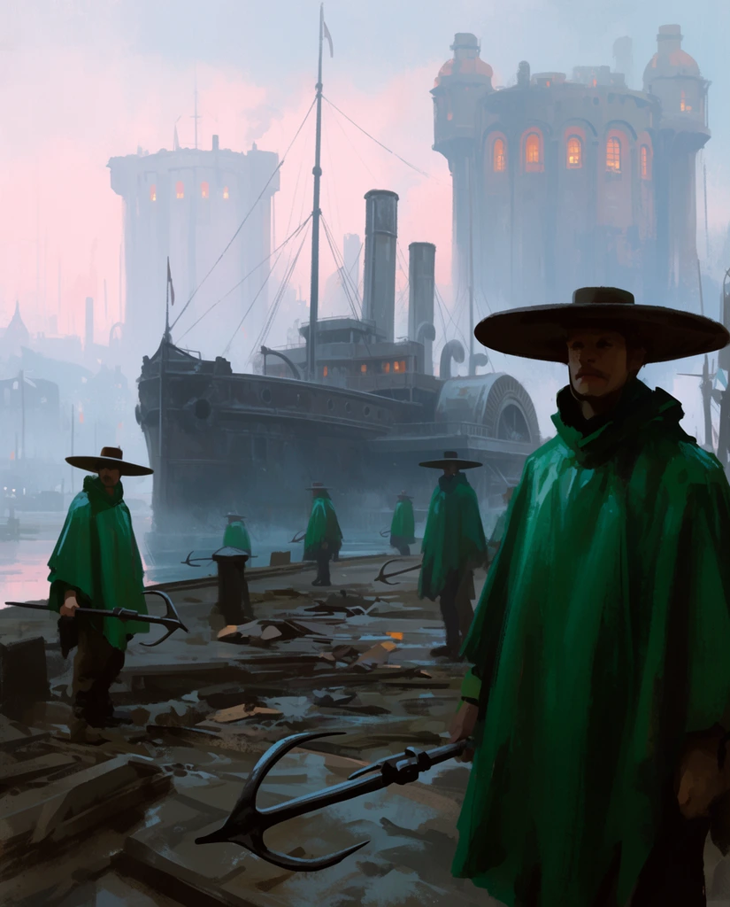 Harbor sentries in emerald green ponchos and wide flat-brimmed hats stand on a debris-strewn dock gripping heavy steel harpoons. This atmospheric digital painting features misty pale pink and blue lighting obscuring a massive iron paddle steamer moored in the background. Monumental fortified towers with glowing warm orange arched windows loom in the hazy distance. The foremost sentry stands in half-shadow on the right, rendered with loose, expressive brushstrokes emphasizing the damp, melancholic mood of the sprawling industrial port.