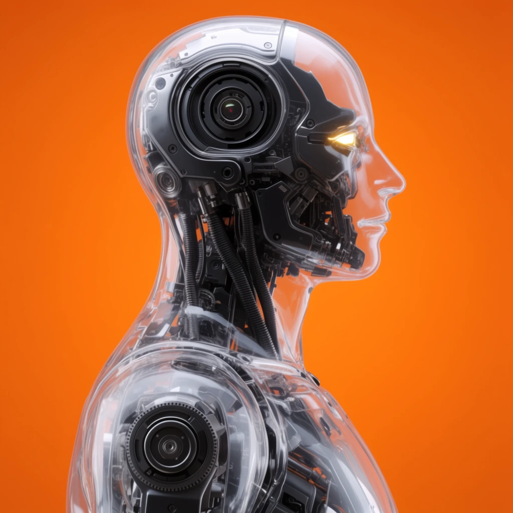 A side-profile portrait of an android featuring a smooth, transparent outer shell revealing highly intricate mechanical internals. The sleek, glass-like casing forms a humanoid head, neck, and upper torso, catching sharp studio light reflections. Inside the clear exterior, complex dark grey and black cybernetic components are visible, including ribbed neck cables, precise gears, a circular camera-like mechanism near the temple, and a large rotary joint at the shoulder. A glowing yellow light emanates from deep within the eye socket. The figure is set against a solid, vibrant orange background, creating a stark contrast with the dark internal machinery. The image is a photorealistic 3D render with a pristine industrial aesthetic, focusing crisply on the complex mechanical details beneath the glossy surface.