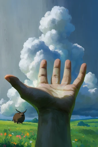 Painterly Anime Surrealism style reference image — towering cumulus clouds