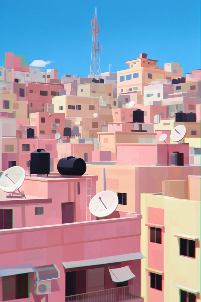 A digital illustration of a dense urban cityscape with closely packed, blocky buildings under a bright blue sky. Flat rooftops hold white satellite dishes, black water tanks, and a tall transmission tower. Pastel pinks, peaches, and pale yellows dominate the architecture. The graphic style features flat cel-shaded colors, subtle halftone textures, and slight edge chromatic aberration.