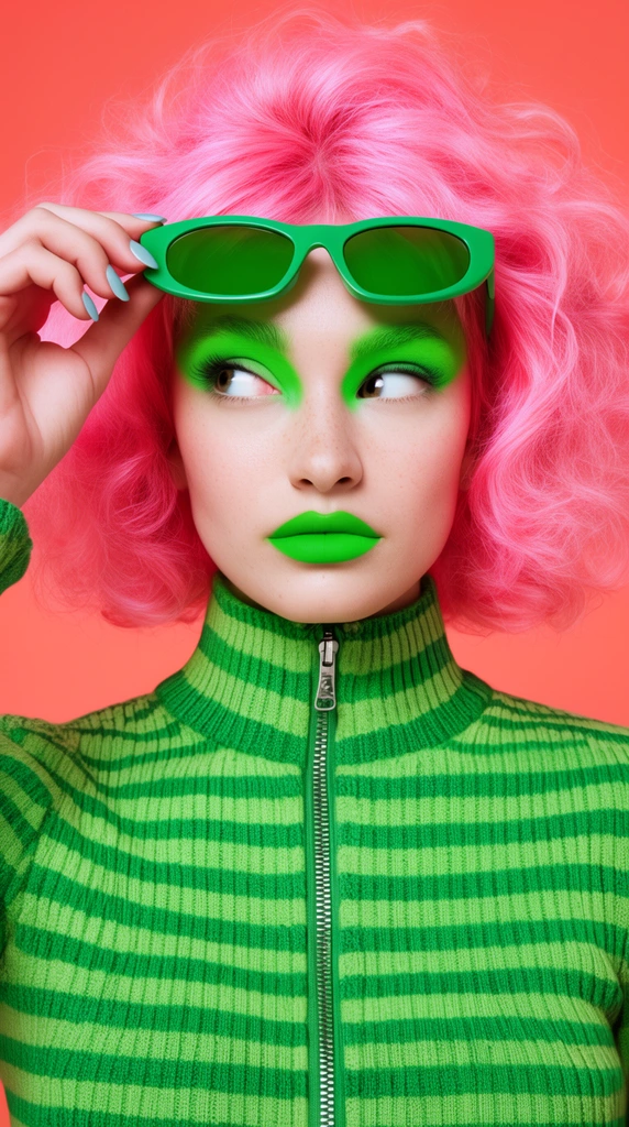 woman with voluminous pink hair, neon green makeup, lifting green sunglasses to forehead, ribbed green striped zip-up sweater, sideways glance, solid coral background, vibrant color blocking, pop art fashion photography