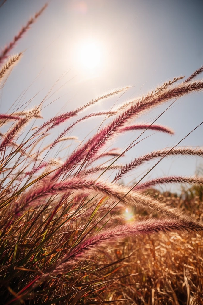 tall ornamental grasses with feathery reddish-purple seed heads, low angle perspective looking up at a bright hazy sun in a pale blue sky, intense backlighting illuminating the fuzzy bristle edges, thin dynamic diagonal stems crisscrossing, radiant sunlight with subtle lens flare, dry golden brown foliage in the lower right, shallow depth of field, warm autumnal nature photography