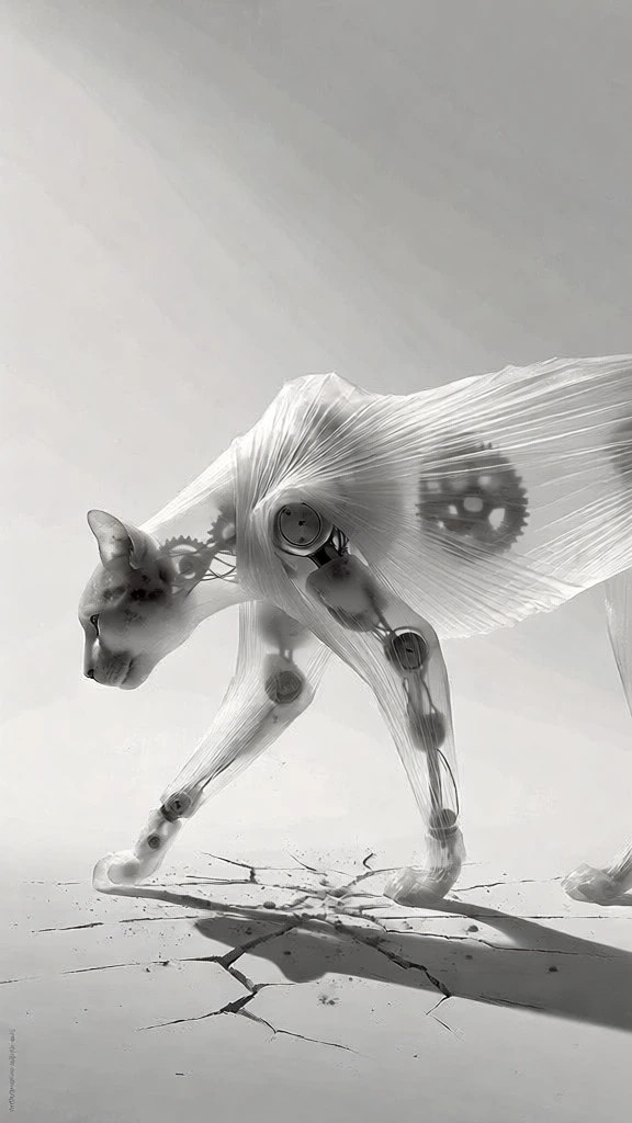 high-key monochrome studio photography, a single articulated translucent-shelled robotic feline walking across cracked parched dirt, clinical polish poster aesthetic, sharp vertical tension, stark directional lighting creating deep obsidian shadows and brilliant silver highlights, visible internal gears and wires through frosted metallic casing, immense negative space in a gradient of pale ash to bone white, fine silver gelatin grain, minimalist composition, razor-sharp focus on mechanical joint