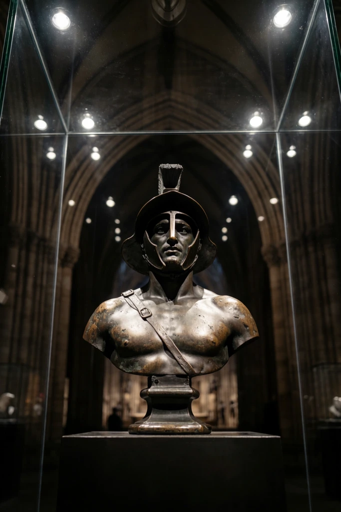 A weathered bronze bust of a Roman gladiator in a crested helmet rests on a pedestal inside a glass case. Dramatic overhead lighting illuminates the dark metallic sculpture against a shadowy background. Behind the glass, blurred gothic arches of a grand cathedral loom in the dim environment. Symmetrical low-angle photography captures bright circular spotlight reflections scattered across the vitrine's surface, emphasizing the moody and atmospheric exhibition setting.