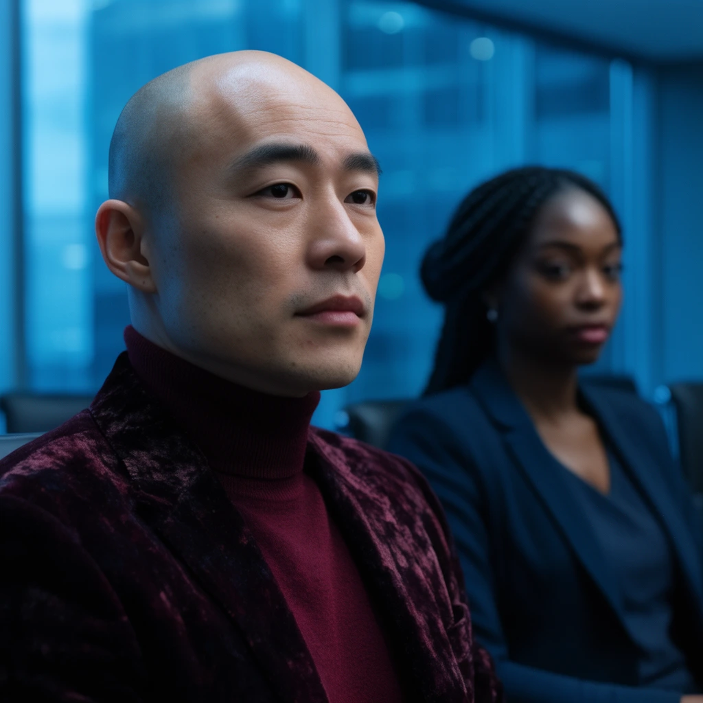 bald East Asian man in textured velvet blazer and maroon turtleneck, out-of-focus Black woman with braided hair in background, modern boardroom interior, cool blue cinematic lighting, sharp foreground focus, shallow depth of field