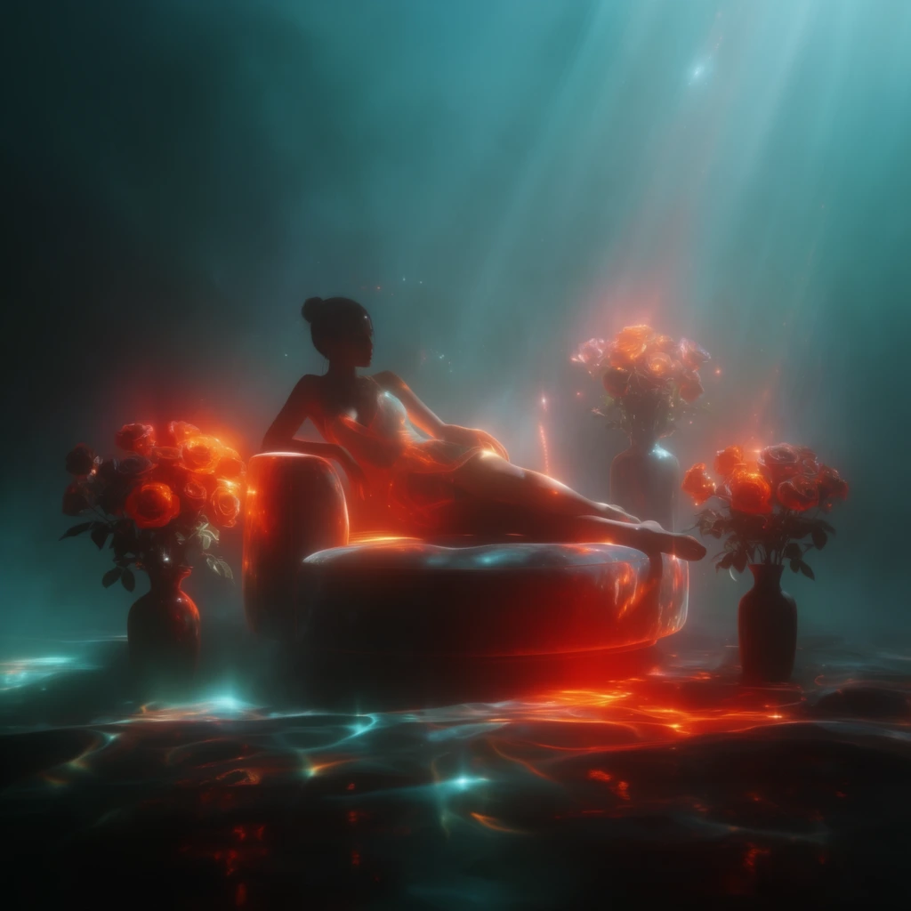 A woman reclines on a circular sofa, positioned centrally and flanked by three vases filled with roses. The scene is submerged in a deep, atmospheric teal and cyan environment filled with dense volumetric fog. Intense, ethereal god rays pierce through the haze from the upper right, illuminating the central subjects with soft, diffused light and scattered specular highlights. A vibrant, fiery orange and deep red glow emanates from within the roses and along the contours of the woman and sofa, creating a stark, high-contrast color dynamic against the moody blue-green surroundings. The ground beneath the furniture features a dark, undulating surface with rippling, liquid-like reflections and glowing caustics mirroring the fiery orange and bright cyan light above. The aesthetic is a high-fidelity digital render with a cinematic, suspended-in-fluid visual quality, utilizing translucent textures, heavy atmospheric bloom, subtle lens flares, and deep, shadowed peripheries that frame the luminous central subjects.