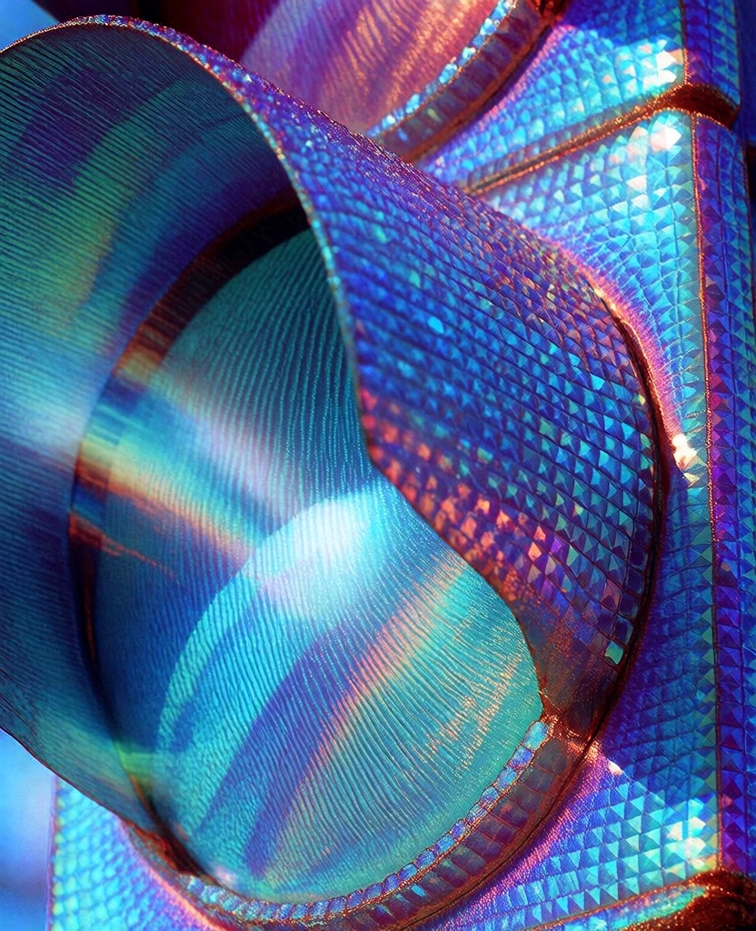 macro shot of a traffic signal and pole encrusted in millions of tiny faceted iridescent jewels, shimmering emerald rubies and sapphires, texture of microscopic ridges like a butterfly wing, iridescent cyan and electric blue highlights, violet and magenta shadows, structural color, thin-film interference, holographic sheen, vibrant saturated palette, high-frequency detail, soft diagonal lines, glowing refractive light, hyper-realistic cgi, light diffraction, prismatic finish.