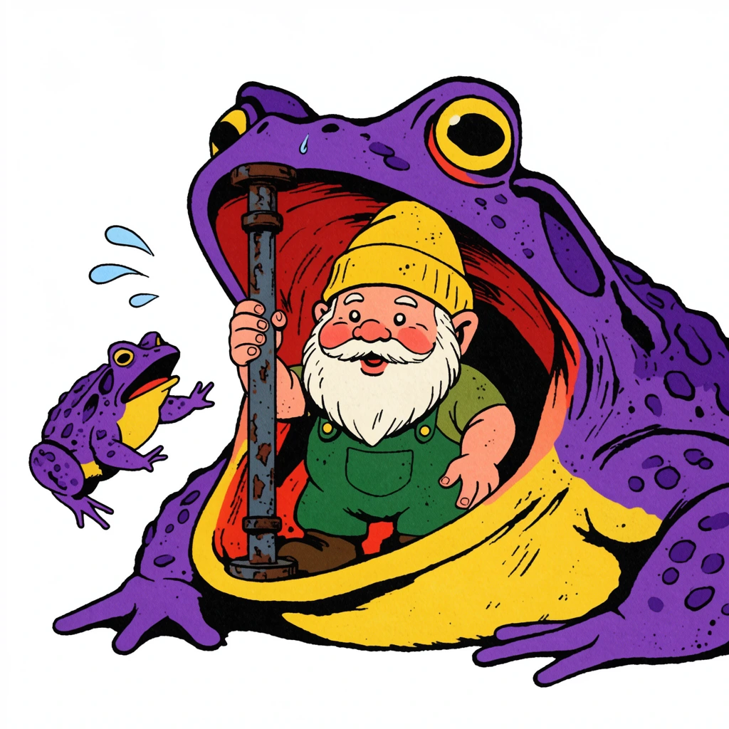 vintage 2D cartoon illustration, distressed garden gnome inside gaping mouth of a giant purple and yellow toad, gnome wearing green overalls and a yellow beanie, thick white beard, holding rusted metal pipe vertically to prop jaws open, flying sweat drops, smaller purple toad leaping on left, retro comic art, flat colors, thick black outlines, halftone print texture, white background