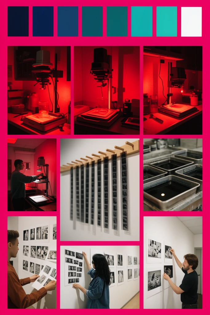 A collage on a vibrant magenta background topped with a row of eight rectangular color swatches ranging from dark navy to bright teal and white. The layout features various photographs of photography darkrooms bathed in intense red safelights, metallic enlargers, black-and-white film negatives hanging from wooden pegs, chemical processing trays, and individuals arranging monochrome prints on bright gallery walls.