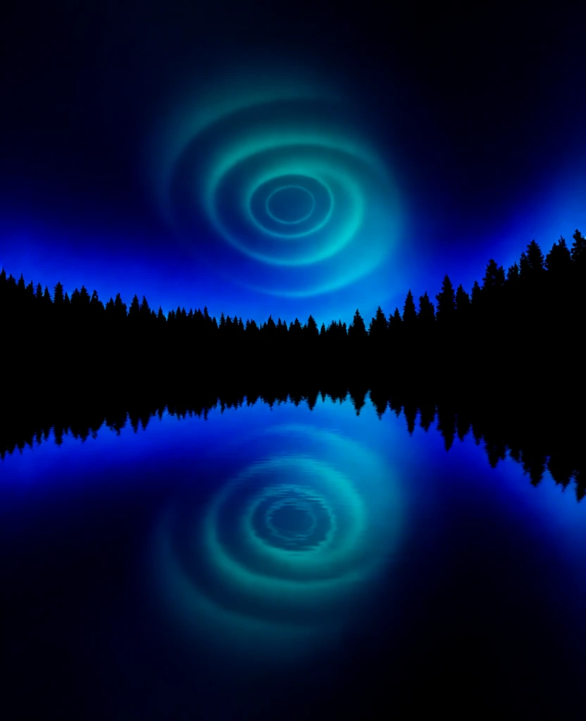 monochromatic midnight blue and electric cyan color grade, blue hour luminosity, concentric circles of glowing teal aurora borealis centered in a vast twilight sky, sharp jagged silhouettes of a coniferous tree line on the horizon, perfectly still water in the foreground reflecting the celestial patterns with mirror-like clarity, sparse crystalline stars in the upper right, high-contrast low-key lighting, ethereal cold atmosphere, wide-angle cinematic framing, subtle film grain.