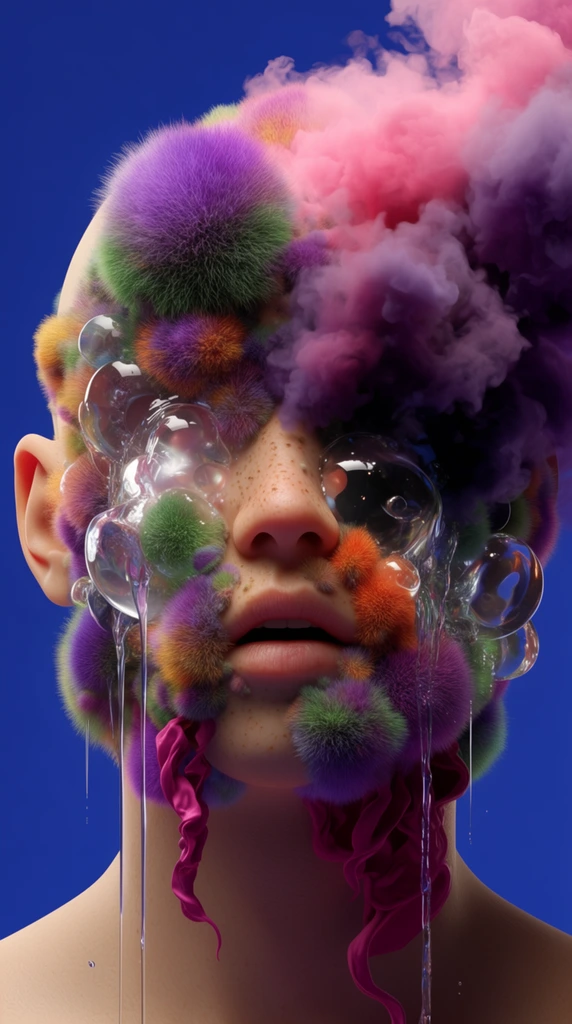 A surreal 3D rendered portrait of a bald human head heavily obscured by colorful growths of fur, smoke, and liquid against a solid cobalt blue background. The face features hyper-realistic skin with freckles and a slightly parted mouth. Erupting directly from the facial structure are dense, fuzzy spherical tufts in vibrant gradients of purple, green, and orange. Thick, billowing clouds of pink and dark violet smoke mask the upper right quadrant. Highly reflective, transparent glass-like orbs and cascading clear liquid streaks distort the eyes and cheeks, while twisting magenta fabric-like tendrils drip from the jaw. Dramatic studio lighting creates sharp specular highlights on the glossy spheres and skin, emphasizing the bizarre contrast between realistic human anatomy and hyper-tactile, physically impossible procedural textures.