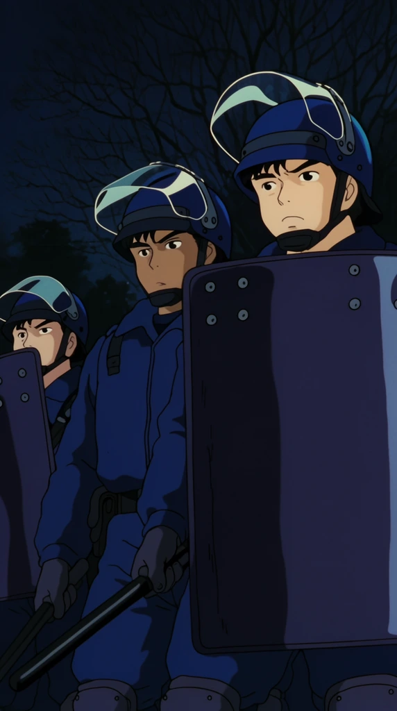 anime-style riot police standing at night, dark blue uniforms, helmets with clear raised visors, holding large shields and batons, bare trees in dark background, traditional cel animation, low angle perspective, tense atmosphere, cool color palette