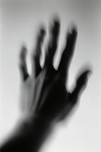 Monochrome Ethereal Noir style reference image — heavy film grain
