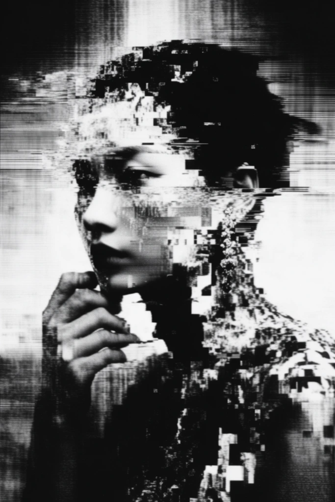 Monochrome Analog Glitch style AI image example 1
