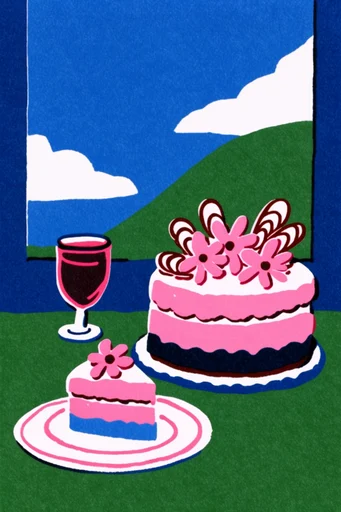 Whimsical Risograph Dreamscape style reference image — vibrant flat color illustration