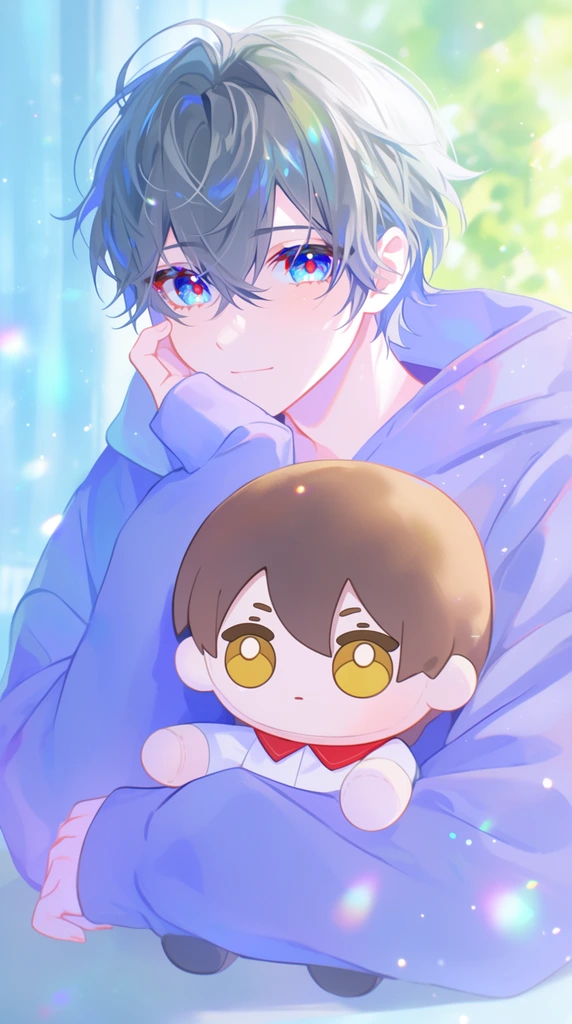 A luminous anime-style digital illustration of a young man with messy grey-blue hair resting his chin on his hand while embracing a plush doll. He has detailed, sparkling blue and red eyes and wears an oversized periwinkle hoodie. He cradles a stylized plush toy featuring brown hair, round golden eyes, and a red-collared white shirt. The softly blurred background blends cool blues and sunlit greens. The artwork employs pastel shading, glowing lens flares, and floating light particles to create a dreamy, tranquil atmosphere.