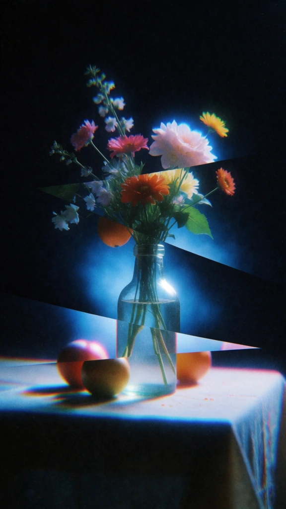 a glass bottle holding a bouquet of flowers and fruit on a table, rendered with a fragmented and sliced silhouette composition, deep black background, heavy analog film grain, ethereal blue glow, chromatic aberration with soft pink and orange prismatic fringes, tactile noise, dreamlike soft focus, low-fi psych-rock aesthetic, 1970s sci-fi book cover style, glowing aura around shapes, high contrast, desaturated blue tones, distorted and surrealist light.