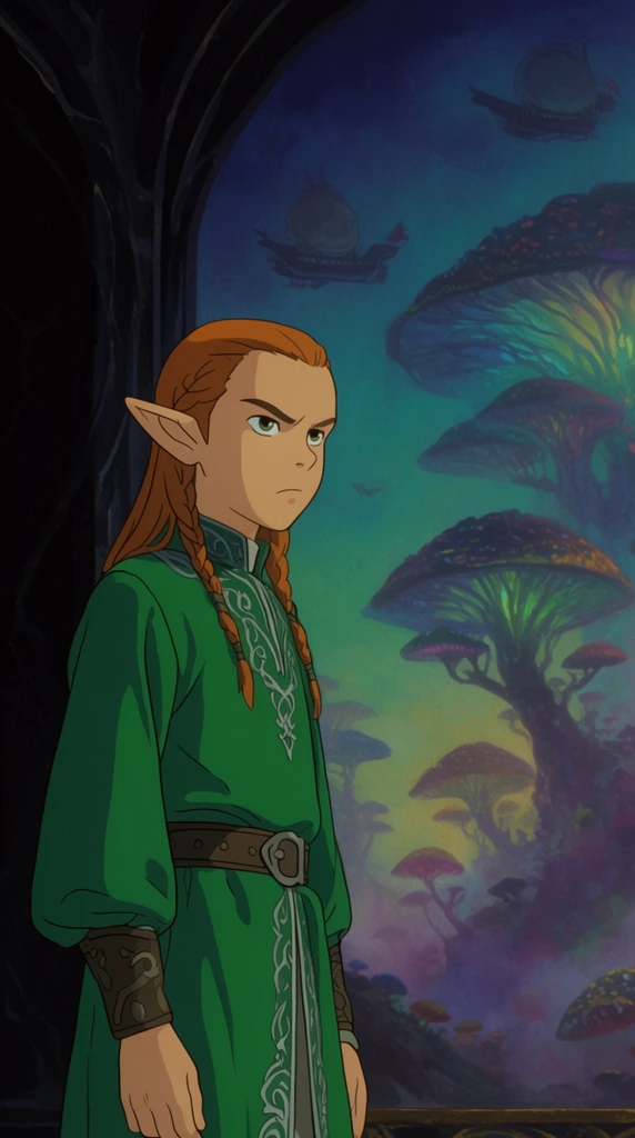 A young elven boy in an emerald tunic stands beside an obsidian archway, gazing sternly off-screen against an intricately painted mural. Rendered in a classic 2D hand-drawn animation style, the boy is framed in a medium shot on the left. He features long, braided copper hair and a flowing green silk outfit with silver embroidery and a wide leather belt. His flat, cel-shaded coloring contrasts with the richly textured, soft-focus background on the right. The atmospheric mural depicts towering bioluminescent mushroom trees silhouetted against a gradient teal and indigo sky, with faint outlines of hovering airships. The lighting is soft and cinematic, emphasizing his determined expression and the stylized, immersive depth of the environment.