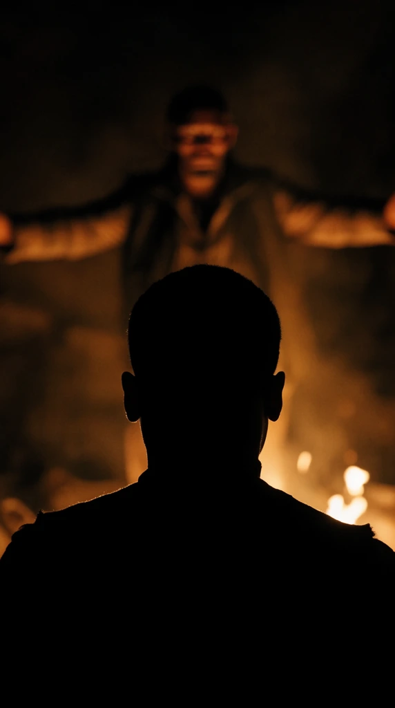 A sharp, deep black silhouette of a person's head and shoulders dominates the foreground, viewed from behind. Beyond them in the heavily blurred background, a second figure stands bathed in warm, flickering amber light with their arms outstretched horizontally. The cinematic composition features dramatic low-key lighting, extremely shallow depth of field, and a high-contrast color palette of pitch black and glowing firelight.