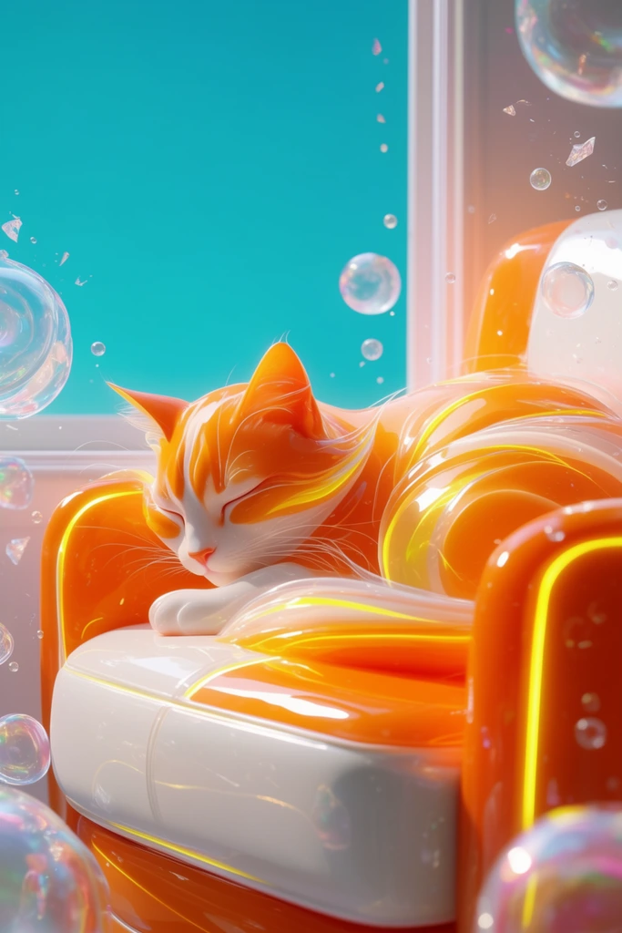 A sleeping cat curled on an armchair beside a window, rendered in a hyper-glossy, luminous 3D aesthetic dominated by brilliant tangerine orange, glowing neon yellow, and crisp white. The cat features smooth, sculpted, highly polished forms with fine, sweeping translucent filaments forming its whiskers and fur accents. It rests upon a chunky, sleek armchair composed of glossy, plastic-like orange and white cushions detailed with luminous yellow emissive accent lines. A solid, highly saturated turquoise sky fills the minimal window frame behind the subject, providing a striking complementary color contrast. Suspended weightlessly in the air surrounding the cat and chair are translucent, iridescent bubbles, delicate liquid-like spheres, and tiny floating crystalline fragments. Intense, bright studio lighting casts sharp specular highlights across all the slick, highly reflective surfaces. A macro-style shallow depth of field blurs the holographic floating orbs in the extreme foreground and the flat turquoise backdrop, focusing razor-sharp attention on the brilliantly colored sleeping cat and the sleek contours of the chair.