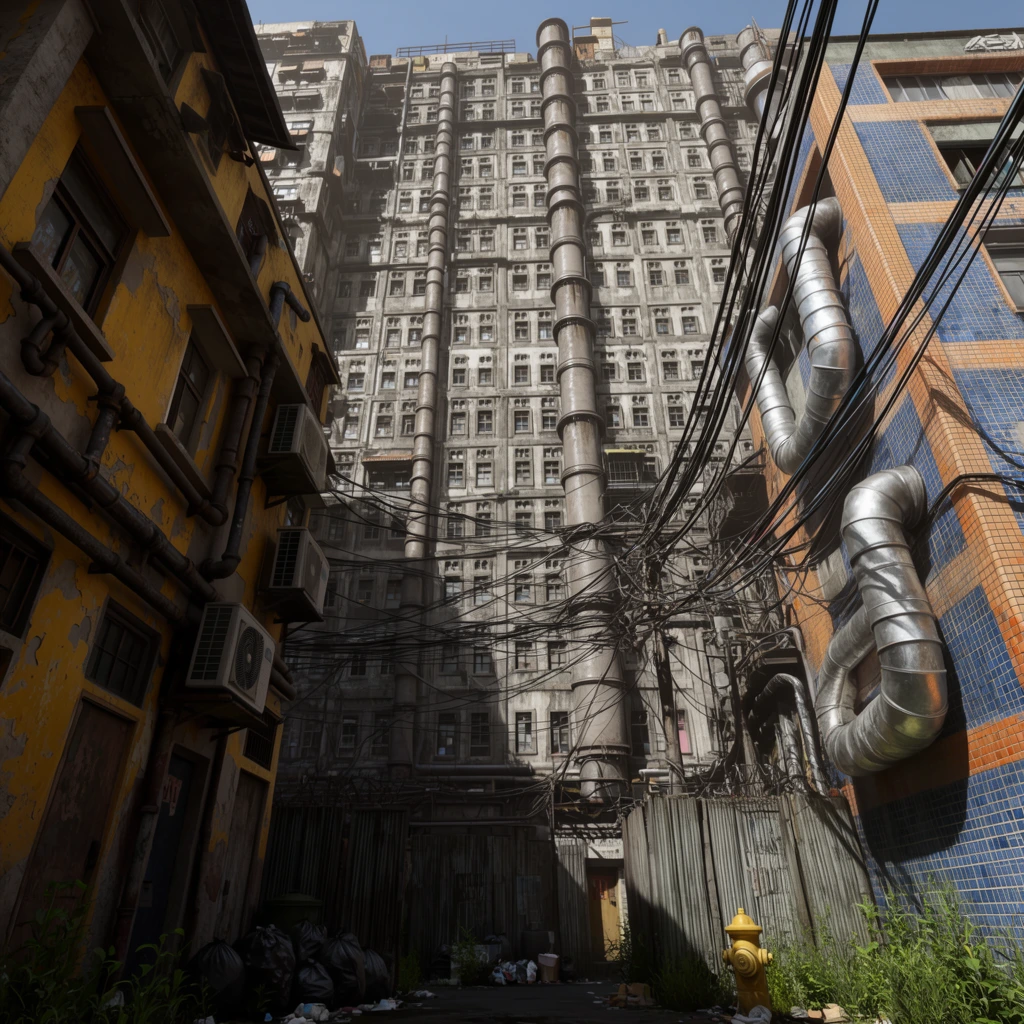 A towering, densely packed urban alleyway is framed by a chaotic web of suspended black power cables under harsh direct sunlight. A colossal grey concrete megastructure dominates the background, defined by hundreds of identical small windows and massive cylindrical industrial pipes running vertically down its facade. The left building features peeling mustard-yellow paint, external air conditioning units, and dark plumbing pipes. The right structure, clad in a grid of blue and orange tiles, is wrapped in oversized silver ventilation ducts. At the shadowed street level, corrugated metal fencing, bundled trash bags, and a yellow fire hydrant sit near overgrown green weeds. The low-angle perspective emphasizes the immense verticality and hyper-detailed, photorealistic architectural decay.