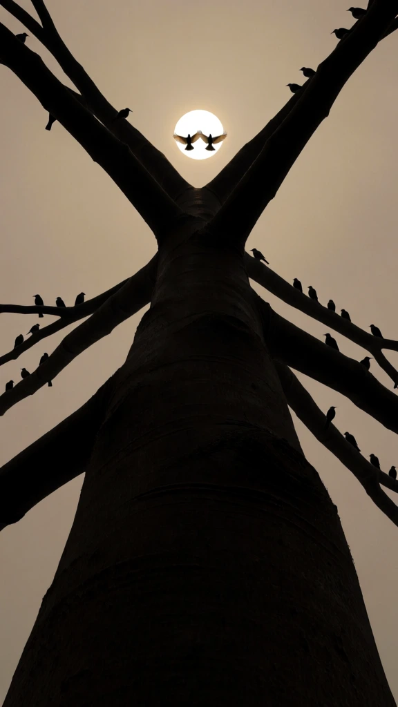 low-angle perspective looking straight up a monolithic tree trunk, minimalist graphic silhouette, charcoal shapes against a muted sepia sky, glowing sun orb centered behind a pair of birds, rhythmic diagonal branches stretching across the frame, scattered silhouettes of birds perched along branches, high contrast, clean geometric composition, subtle atmospheric film grain, serene aesthetic, muted monochromatic palette, stark backlighting, poetic and graphic visual storytelling.
