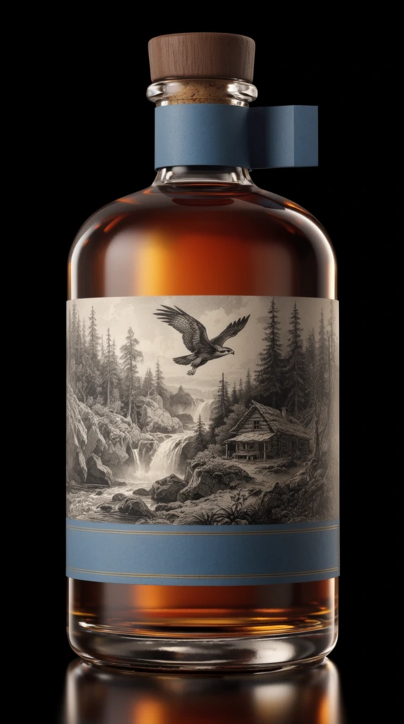 A premium glass bottle filled with rich amber liquid stands centered against a solid black background. The stout, cylindrical bottle features a wooden cork stopper and a matte blue paper collar around its neck with a small folded tab extending to the right. The large central paper wrapper displays an intricate, monochrome vintage-style etching of a rugged wilderness landscape, complete with a soaring bird of prey, dense pine forests, cascading waterfalls, and a rustic cabin. Below this illustration is a solid, muted blue band framed by thin gold line work. Shot in a striking studio product photography style, dramatic edge lighting outlines the glass silhouette, creating a warm, luminous glow within the liquid at the rounded shoulders and thick base. A faint mirrored reflection rests on the glossy surface beneath, emphasizing an elegant, high-contrast chiaroscuro composition.