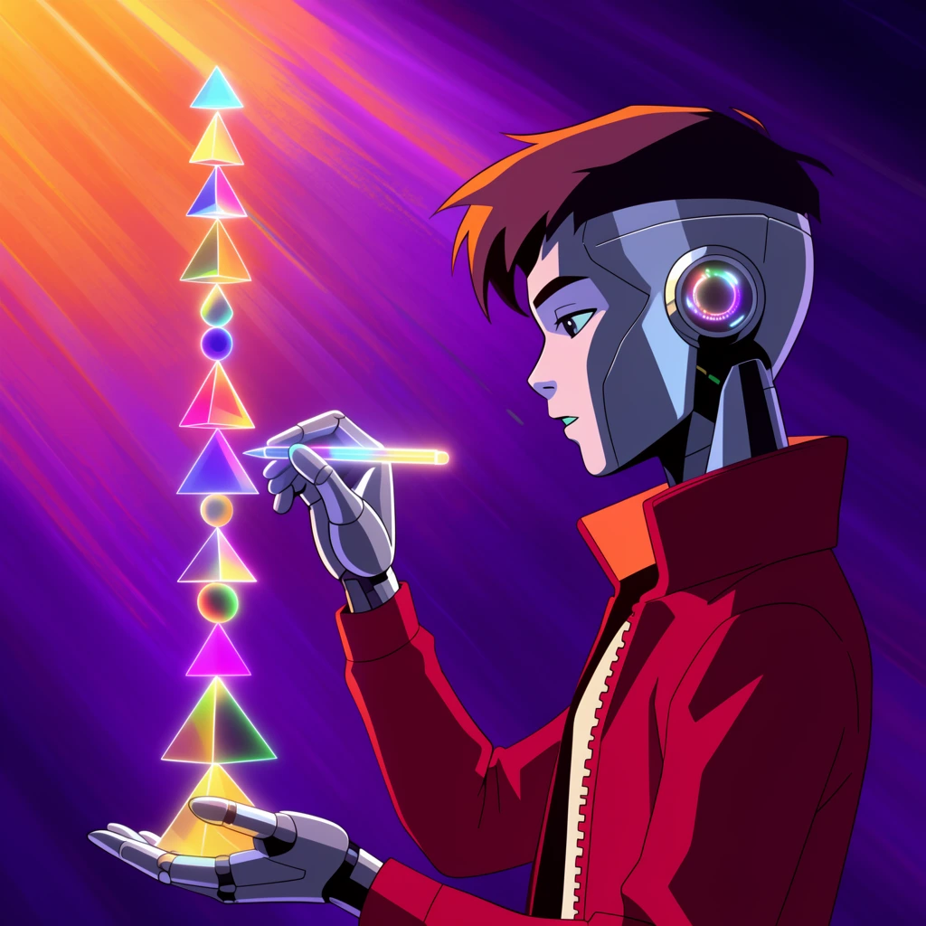 A youthful cyborg in profile carefully balances a vertical tower of glowing neon tetrahedrons and spheres. The figure features smooth metallic plating, an illuminated optical sensor, and a crimson high-collared jacket. Holding a luminous stylus in silver hands, they delicately adjust the precarious geometric stack. Rendered in a vibrant 2D animation style, intense diagonal streaks of purple and orange fill the background, energized by dramatic lighting streaming from the upper left.