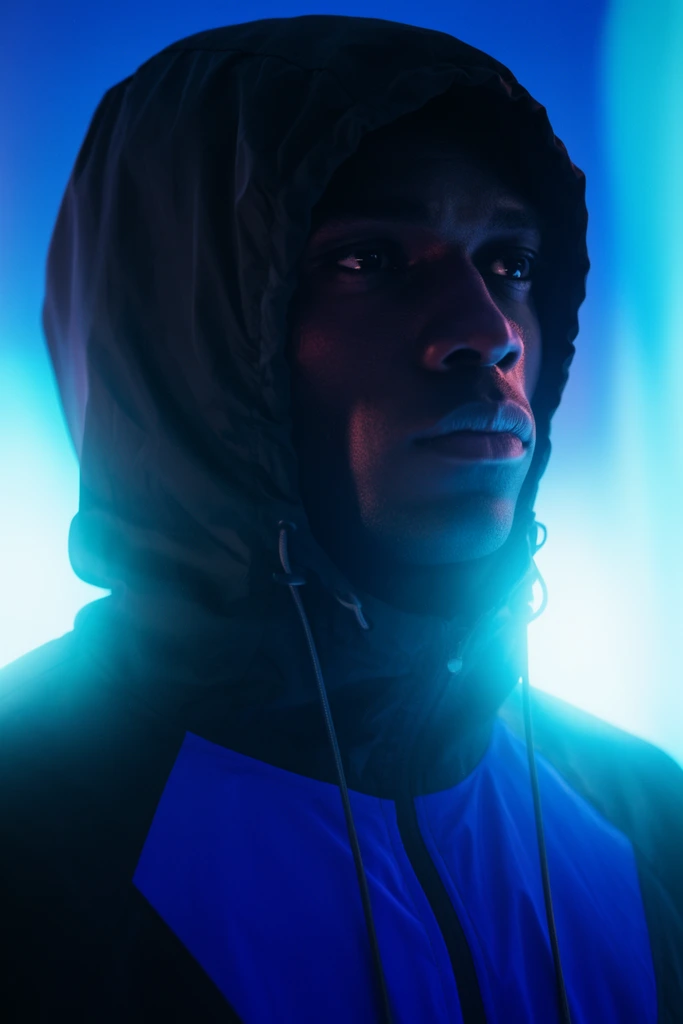 close up portrait of a dark skinned man in a dark hooded windbreaker, hood pulled up casting deep shadows over a serious expression, intense gaze directed off camera to the right, jacket features a vibrant blue geometric chest panel and thin drawstrings, dramatic cinematic neon lighting, intense cyan backlight creating glowing edges and a soft bright flare, subtle warm magenta rim light on the cheekbone, smooth abstract blue gradient background, moody futuristic streetwear aesthetic, high contrast photography