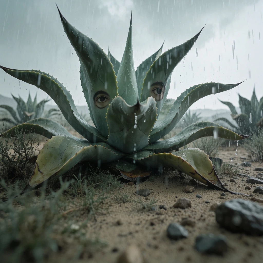 low angle cinematic shot, moody desert monsoon, raining heavily, large agave plant, human eyes peeking through thick fleshy leaves, glistening rain droplets, desaturated dusty greens and muted earth tones, hazy layered mountains in background, thick film grain, atmospheric depth, soft diffuse natural lighting, immersive 35mm film aesthetic, raindrops splashing on sandy soil, organic wet textures, desaturated color palette