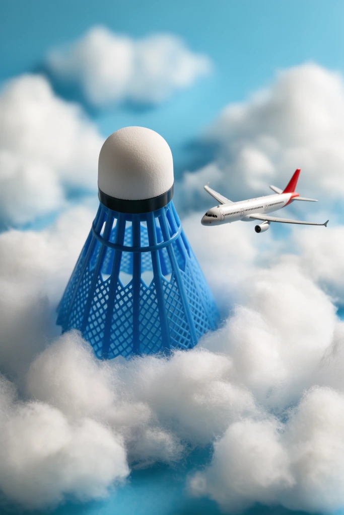 A conceptual miniature diorama features a blue plastic badminton shuttlecock emerging from a bed of fluffy white cotton clouds alongside a tiny flying commercial airplane. The upright shuttlecock resembles a towering structure, displaying intricate diamond-patterned plastic mesh and a smooth white foam dome. To its right, a meticulously detailed miniature white passenger jet with red tail accents is suspended in mid-air. The surrounding environment consists of soft, tufted cotton batting scattered across a bright sky-blue backdrop, simulating a dense high-altitude cloud layer. Macro photography with a shallow depth of field blurs the peripheral cotton wisps while keeping the central objects crisp. Soft directional lighting from the upper left casts delicate shadows, enhancing the playful forced-perspective scale.